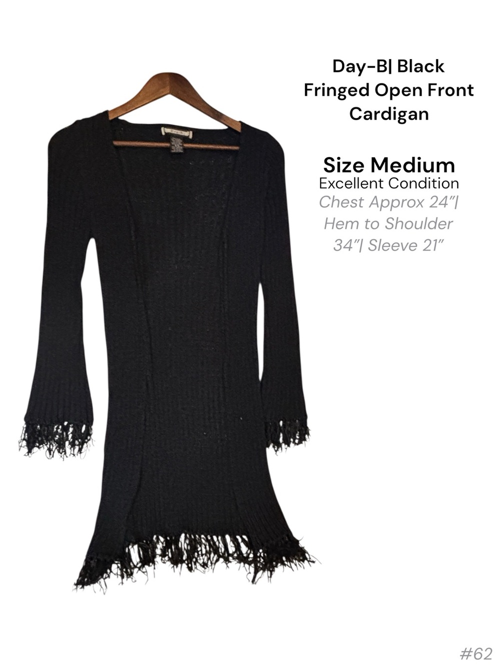Day B Black Fringe Open Front Cardigan Ribbed Knit Boho Sweater Size Medium